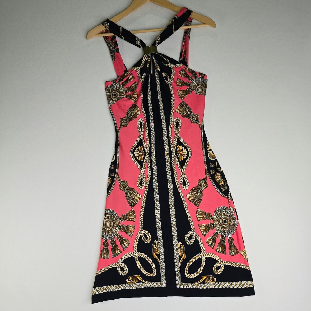 Cache Pink Scarf Print Halter Dress XS Black Gold Tassel Rope Cocktail Sleeveles